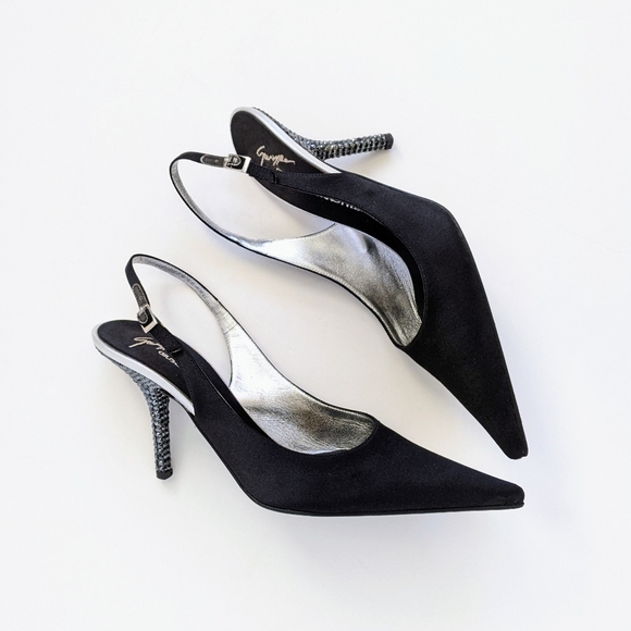 Giuseppe Zanotti Black Crystal Embellished Satin Slingback Pumps - Picture 16 of 16